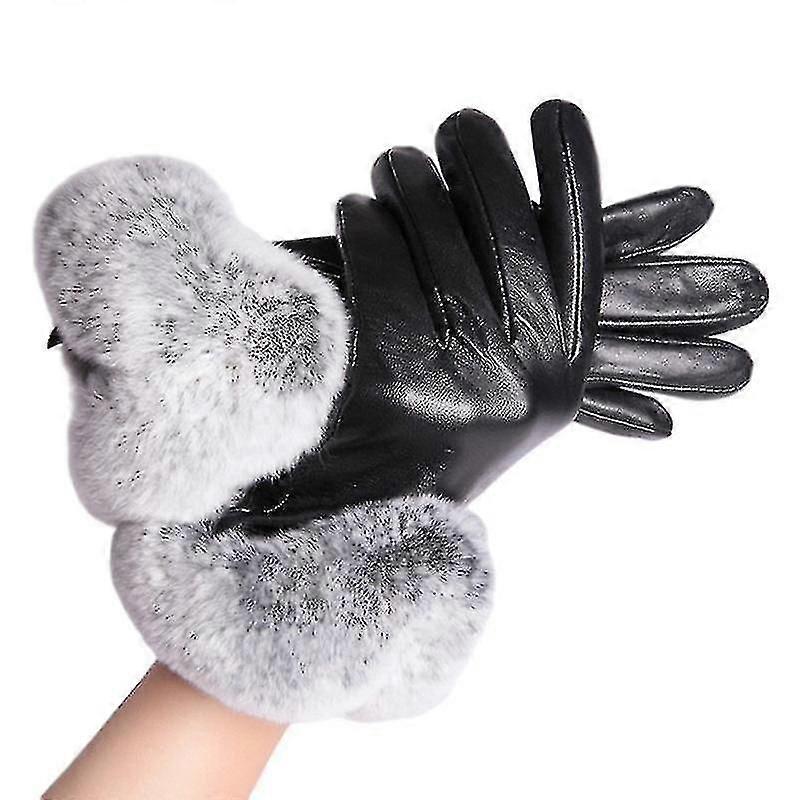 Donne Caldo Peluche Guanti in vera pelle di pecora Guanti invernali Touchscreen Guanti foderati in pile con polsini in pelliccia di coniglio