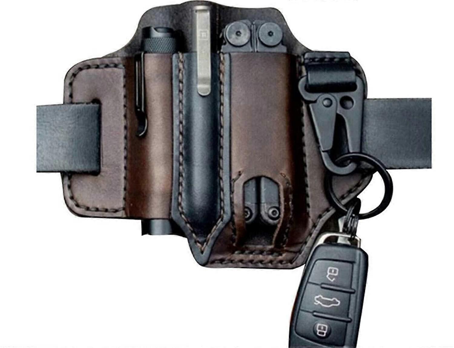 Leather Multitool Sheath for Belt, EDC Pocket Organizer with Pen Holder, Key Fob & Flashlight Pouch, Compatible with Leatherman (Brown)