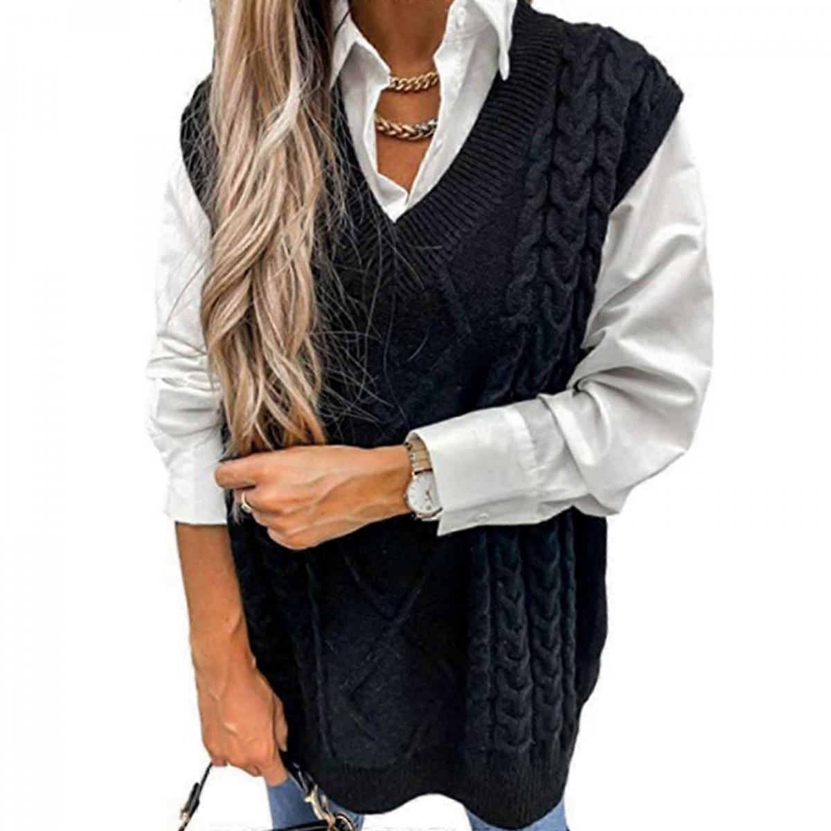 Womens V-Neck Sweater Oversize Cable Knitted Sleeveless Sweater Top Plaid Pattern Jumpers-Top Solid Color Loose Pullover XL maroon