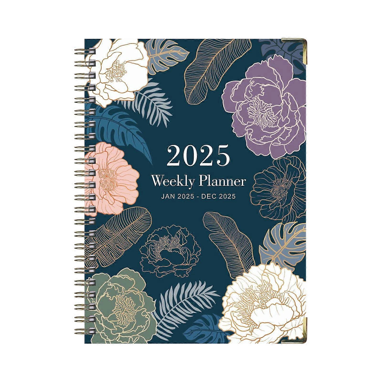 Lksixu 2025 Planner A5 Coil Notebook, Floral Print Weekly Monthly Organizer with Tabs, Thick Paper, Elastic Closure, Hardcover