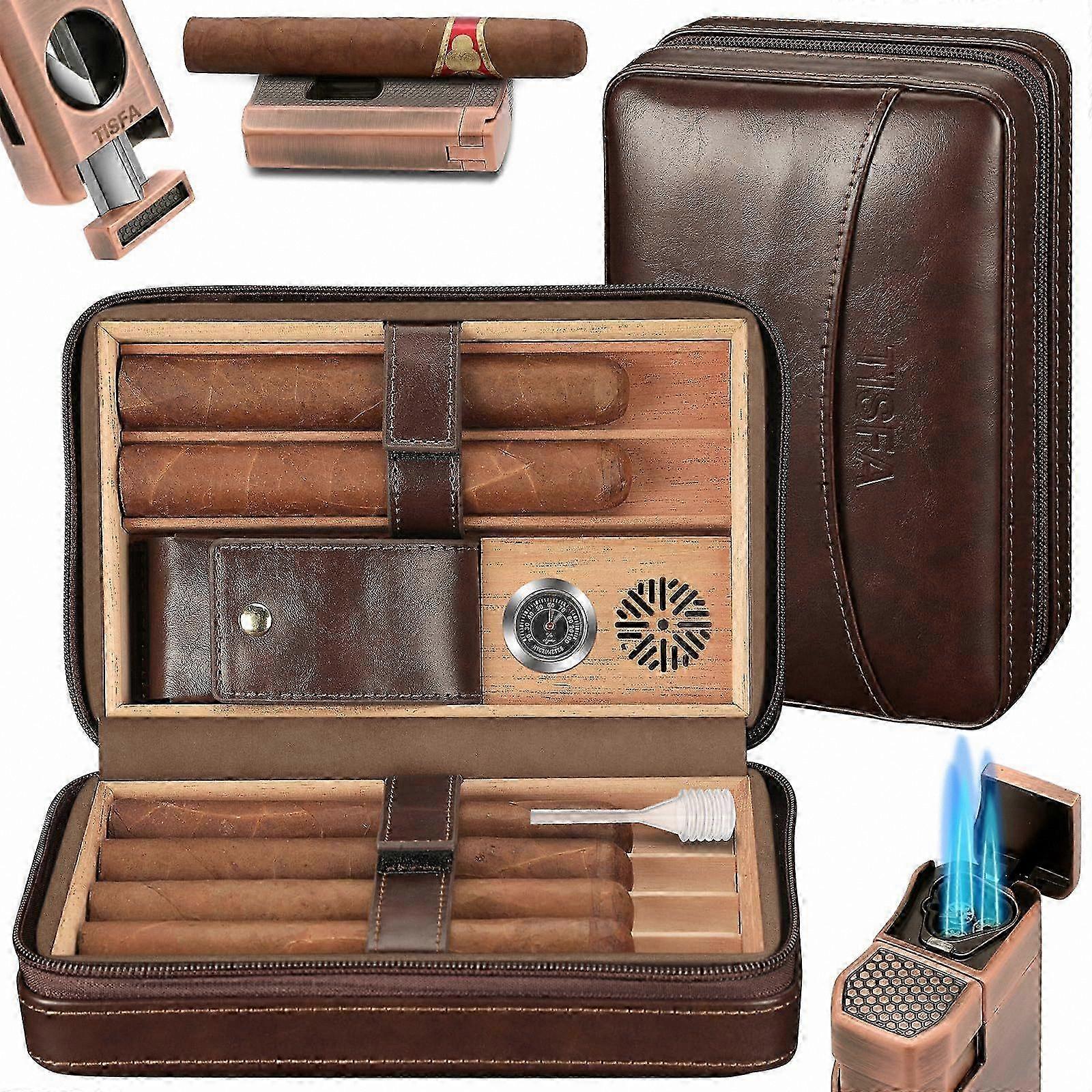Cedar Wood Cigar Accessory Set with Humidor, Cutter, and Portable Case for 6 Cigars