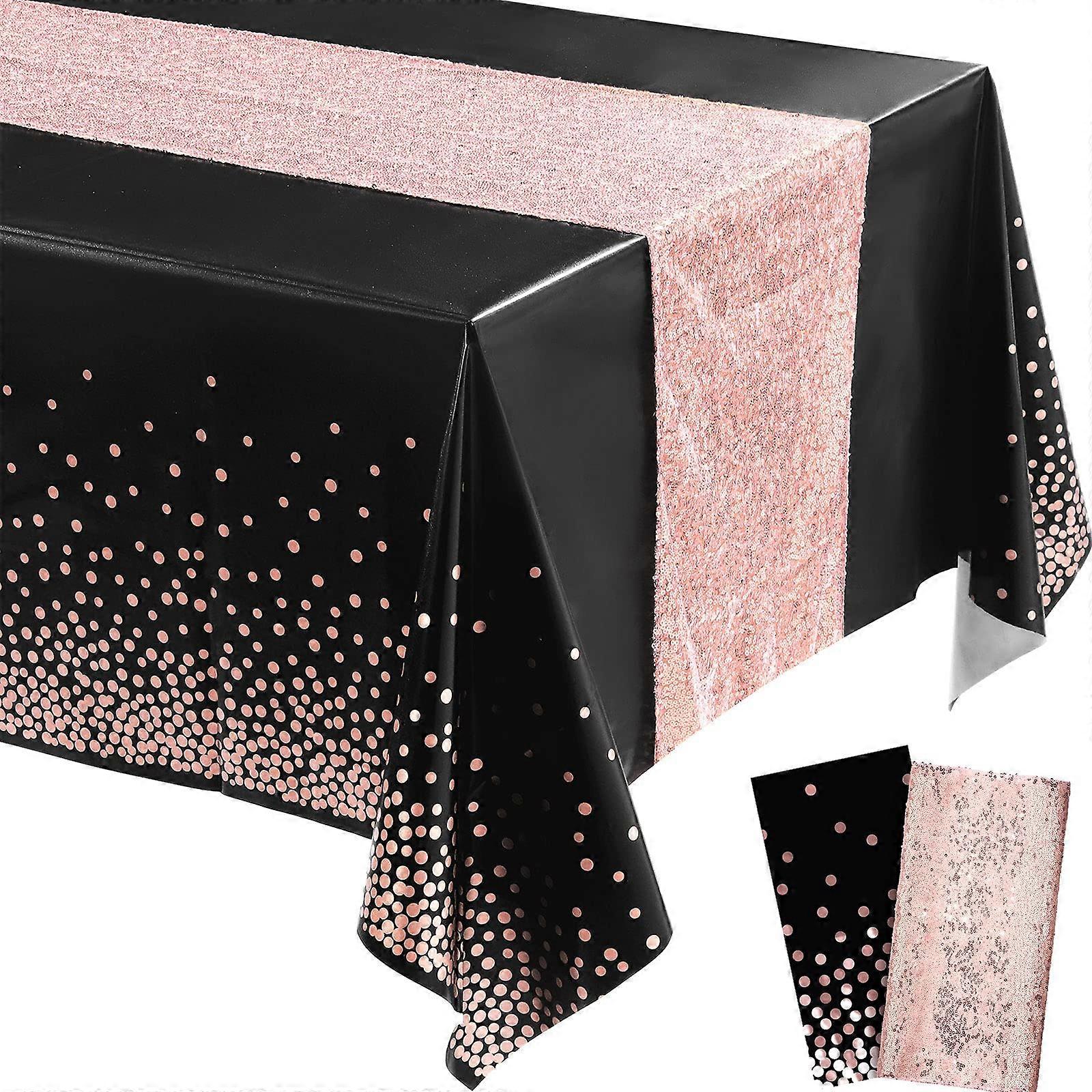 Tablecloth And Sequin Table Runner Set Polka Dots Confetti Plastic Table Cloths Glitter Decorations Black And Rose Gold