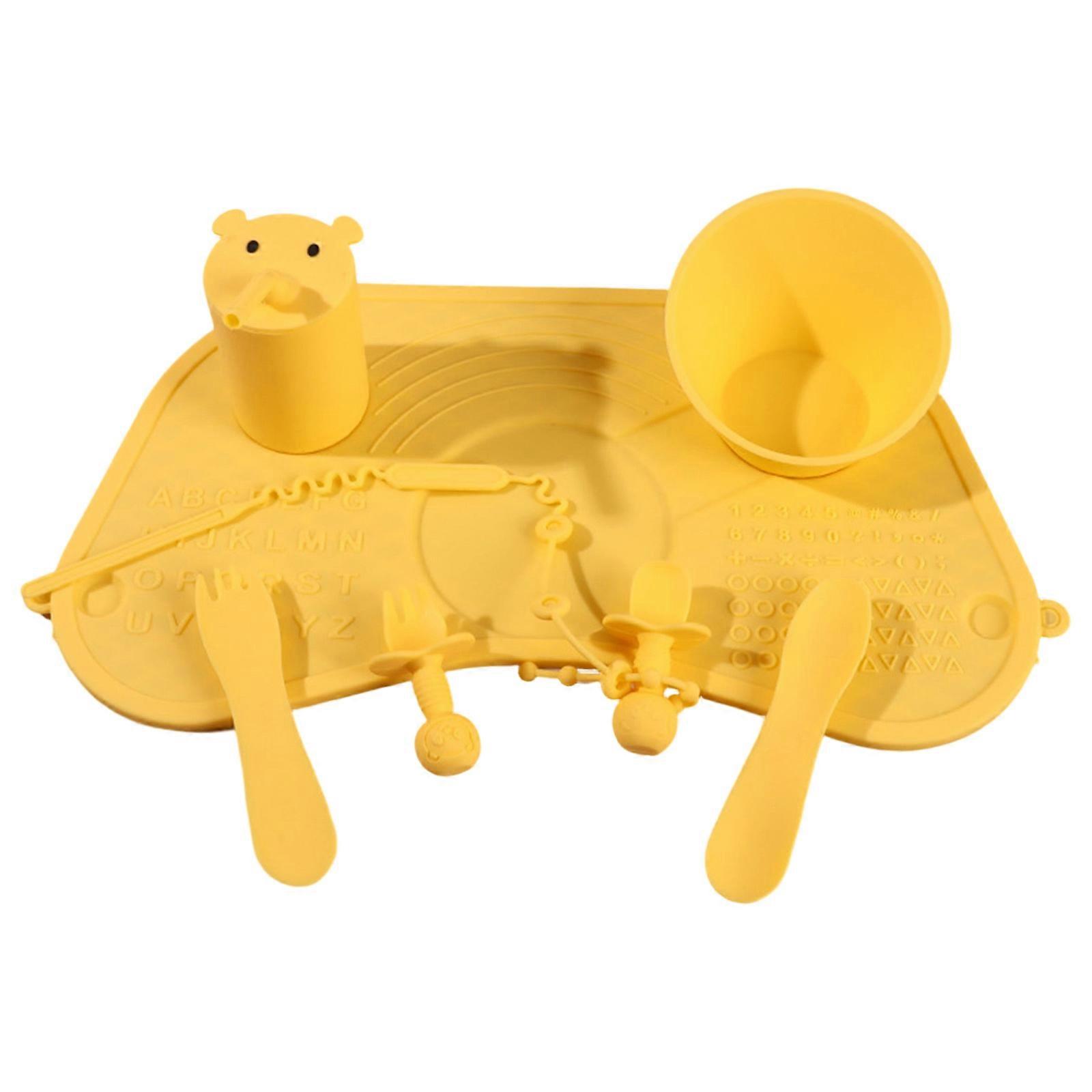 Baby Feeding System with Not Slip Silicone Mat Includes Suction Bowls Spoons Forks Cups & Straws Suitable for Toddlers  Yellow