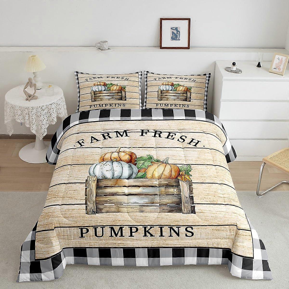 King Size Geometric Plaid Quilt Set with Rustic Farmhouse Pumpkin Theme, Fall Halloween Bedding 3pcs Including 2 Pillowcases