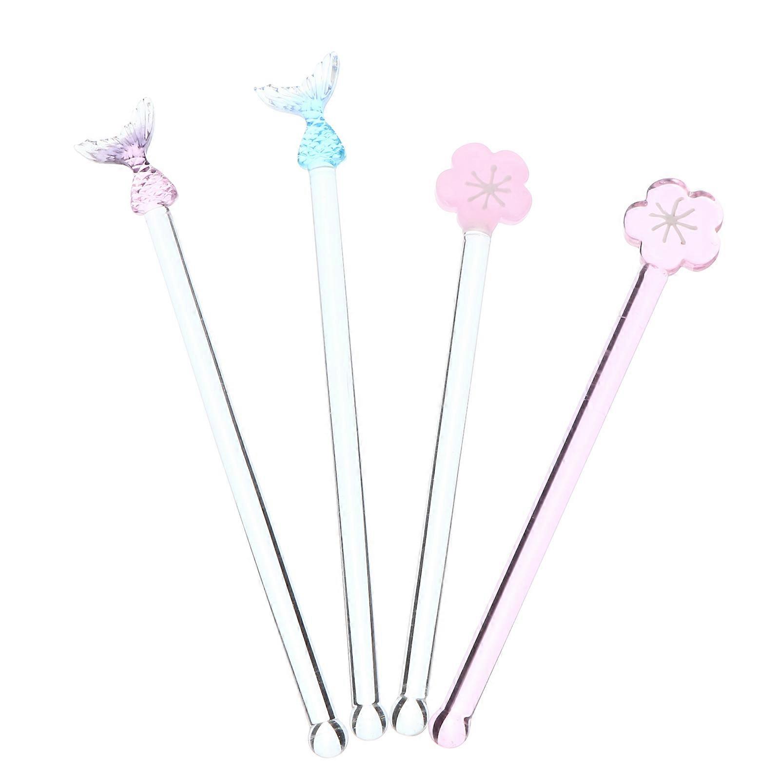 4Pcs Transparent Long Handle Glass Creative Design Stirring Sticks (Assorted Color)