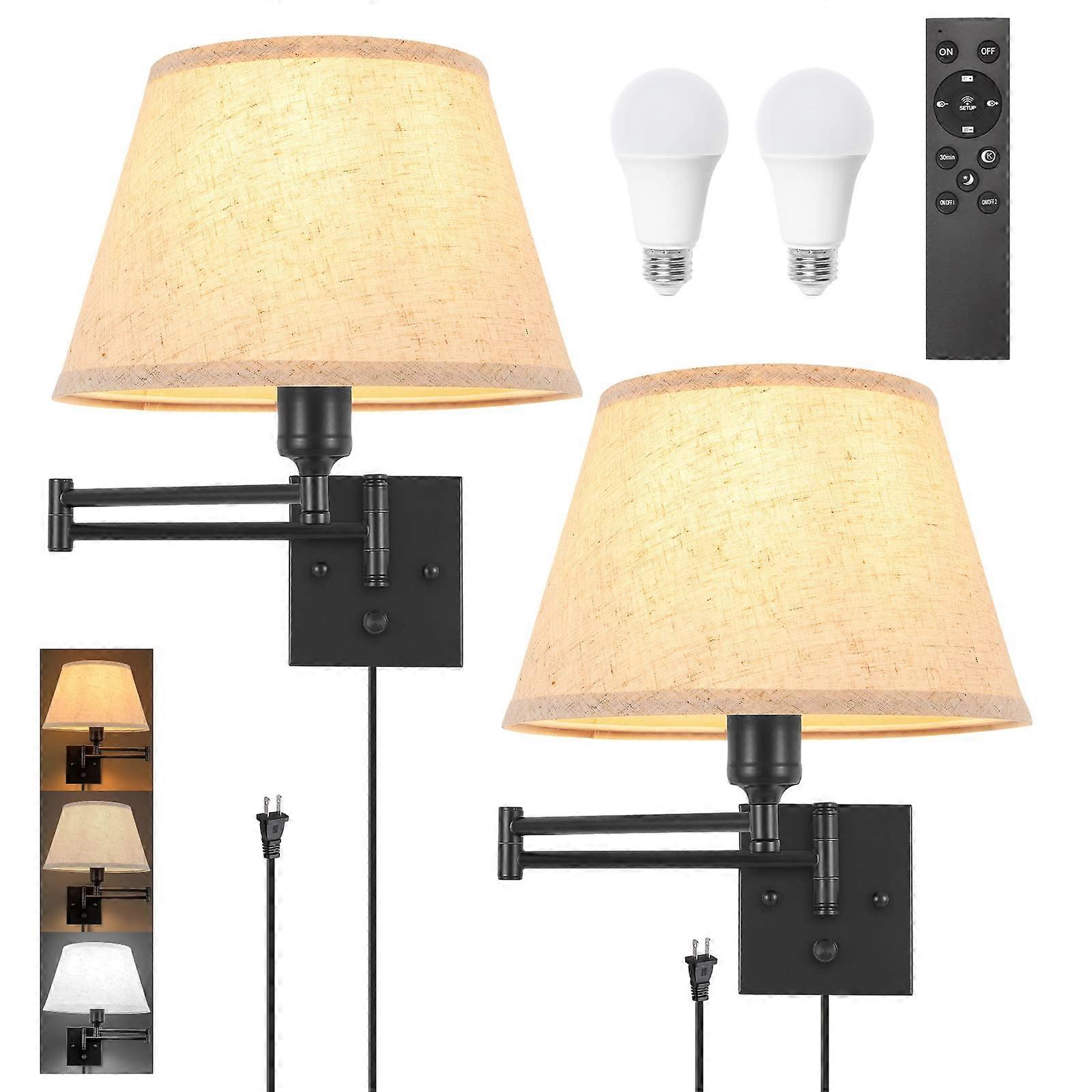 Wall Sconce with Remote Dimming and Adjustable Color, Plug in Swing Arm Bedside Lamp, 2 Pack Beige