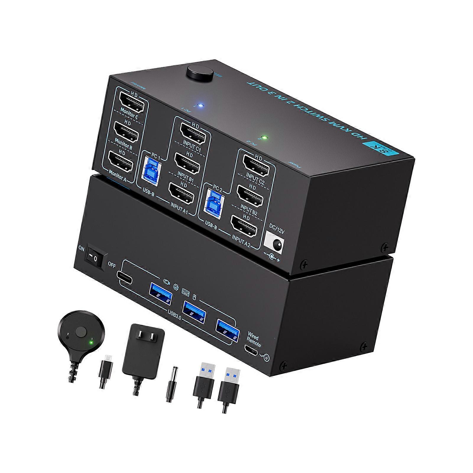 8K60Hz KVM Switcher with Three USB3.0 Ports Enabling Double Monitor Setups for Seamlessly Multiple Computer Operation Multicolor