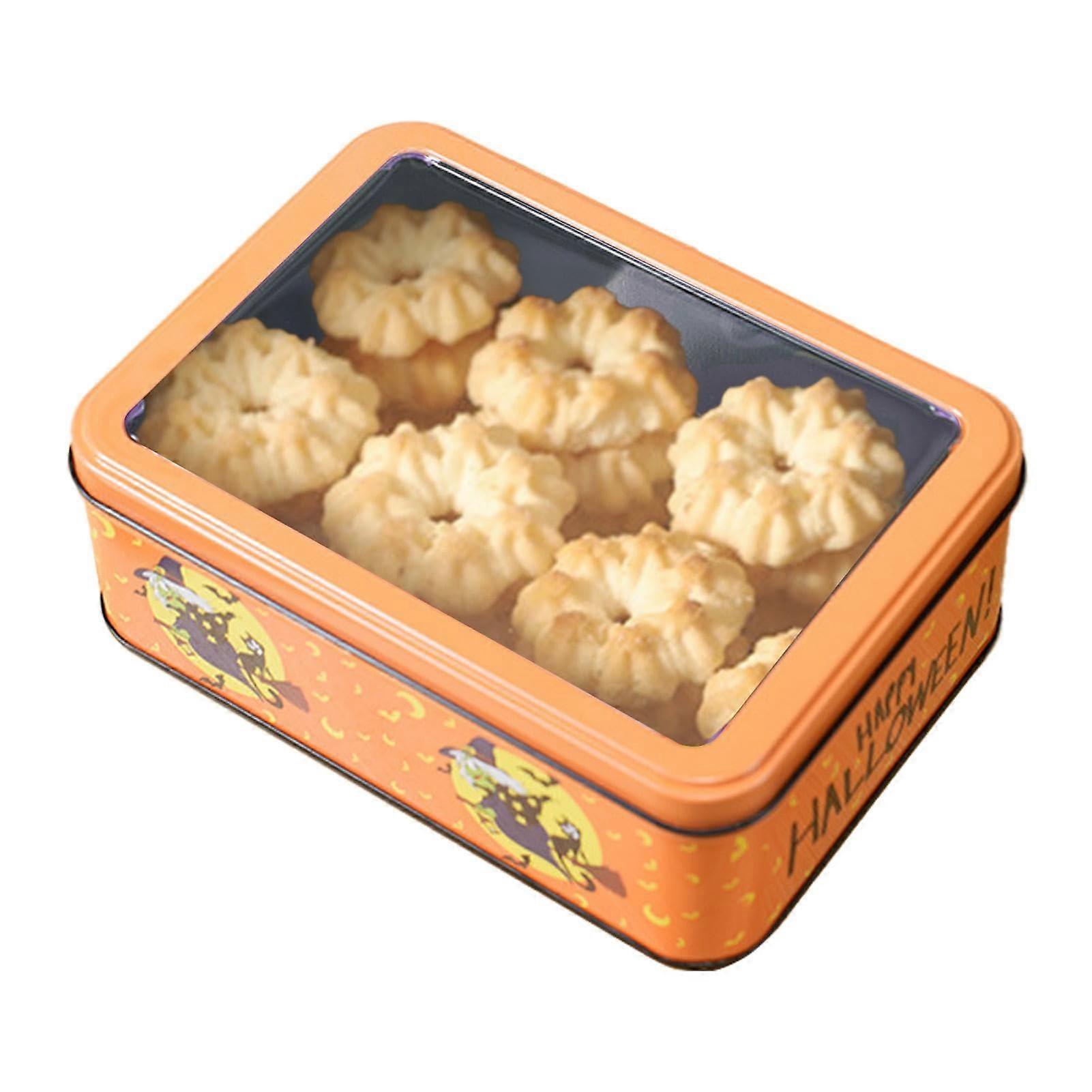 Halloween Cookie Tin with Lid, Durable Festive Rectangular Storage Box for Biscuits and Candy