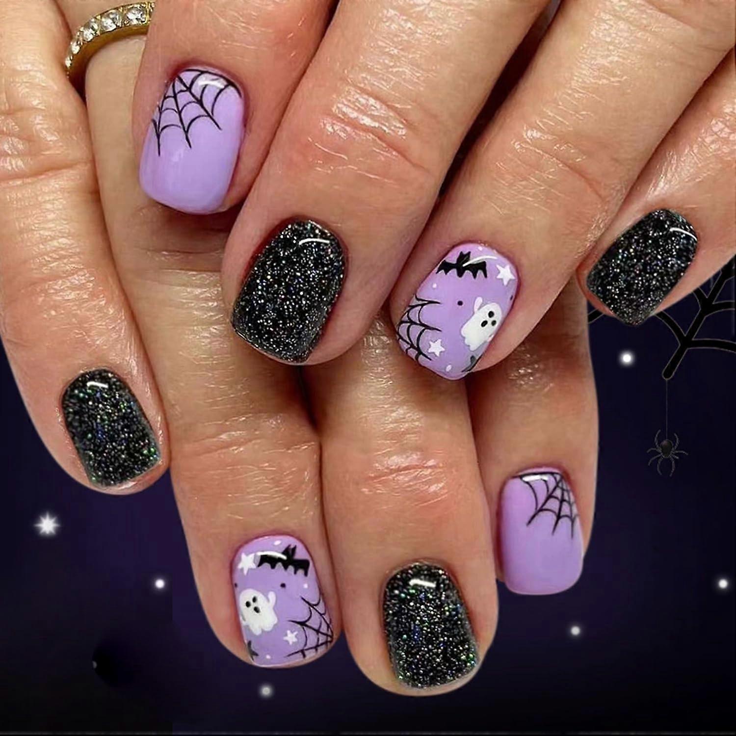 Halloween Press On Nails Short Square Purple Black Glitter Ghost Spider Web Design 24Pcs