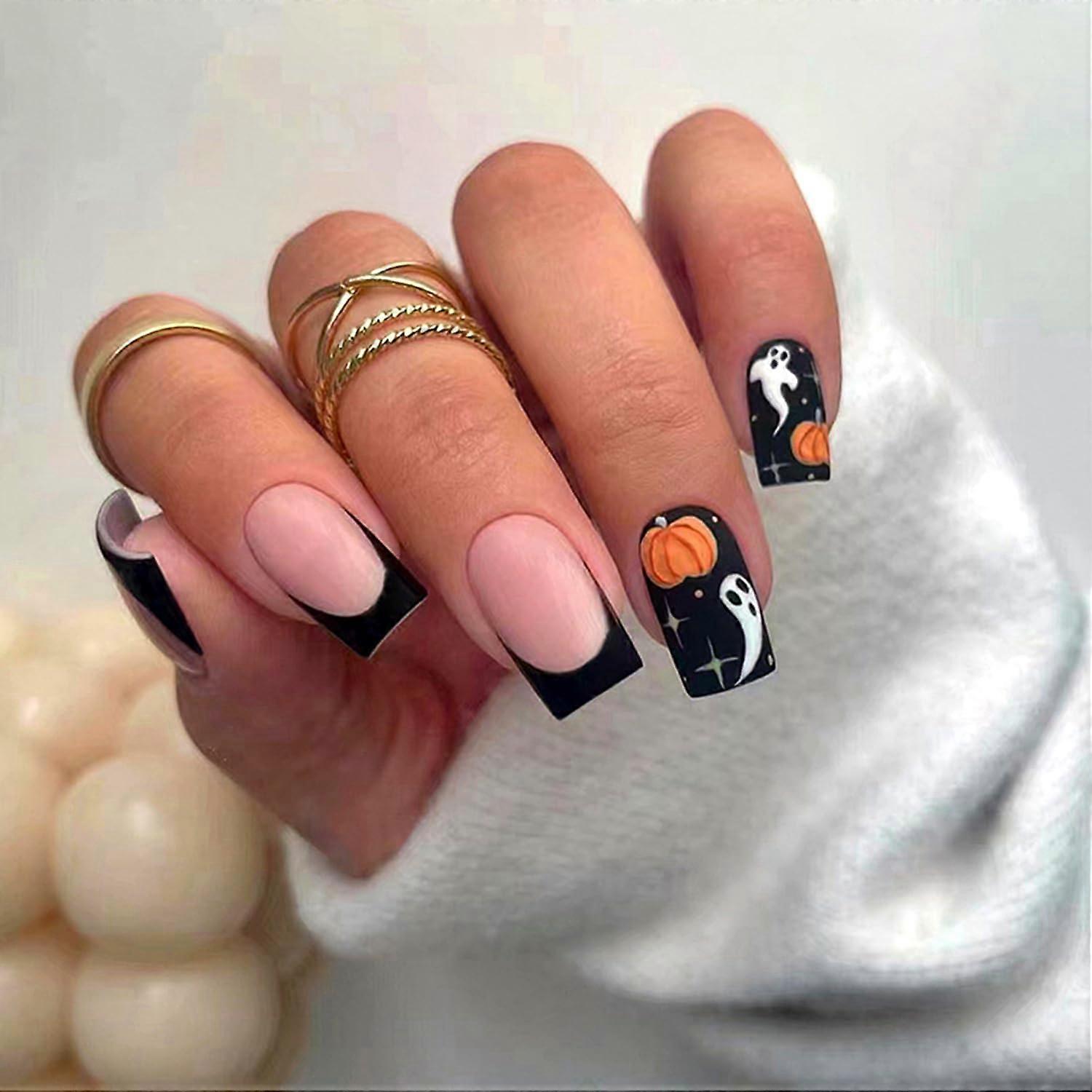 Halloween Press on Nails Fake Nails with Pumpkin Ghost Design Medium Square Acrylic Reusable