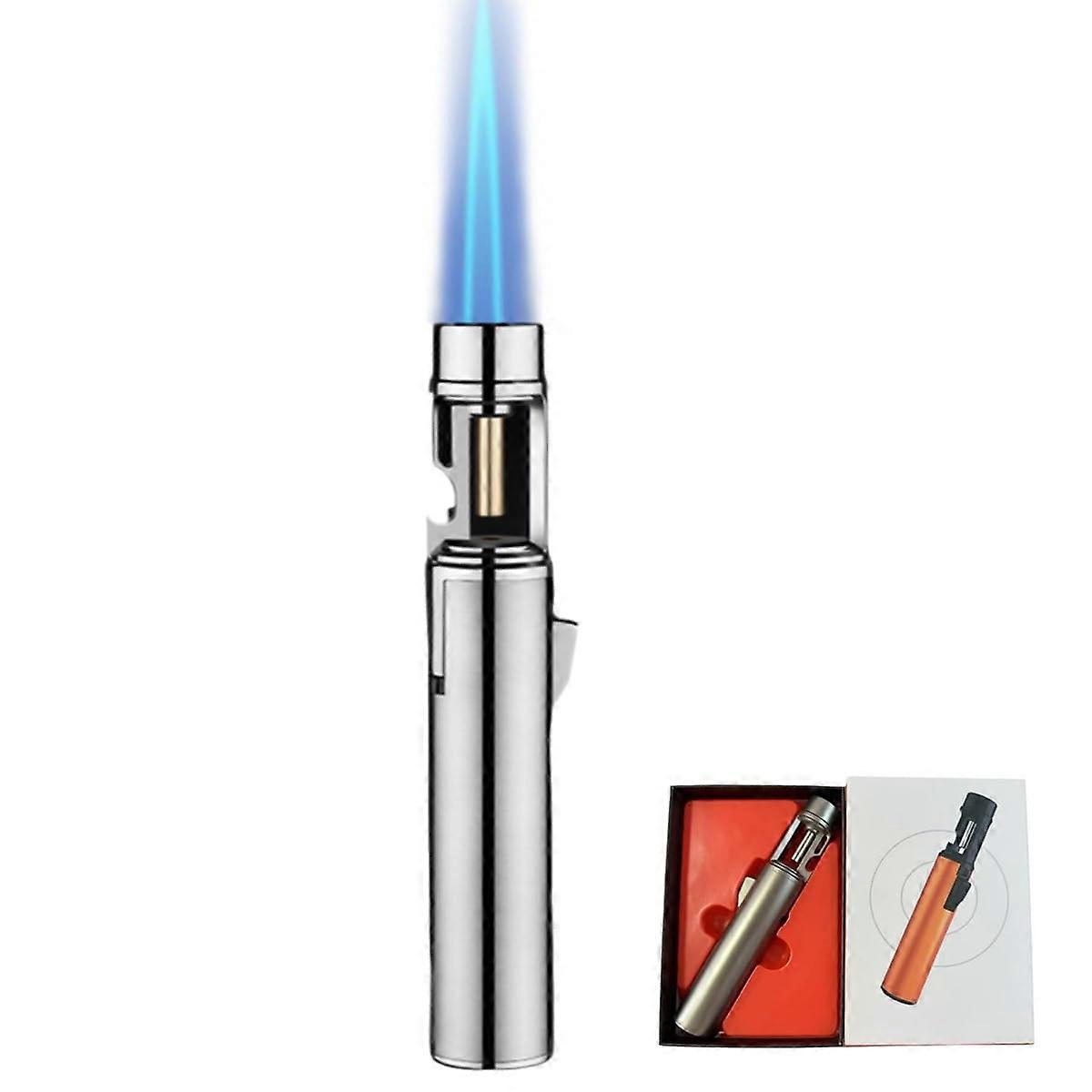 Silver Butane Jet Lighter, Windproof Torch with Adjustable Flame and Builtin Bottle Opener
