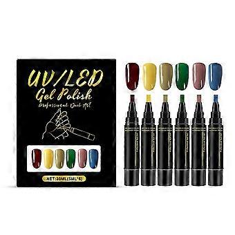 6-farvet et-trins gel neglelak pen sæt, hurtigtørrende neglekunstmarkører ingen lampe nødvendig til manicure til hjemmet og salonen