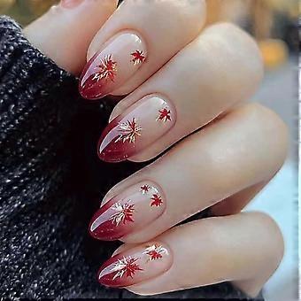 Thanksgiving Press on Nails Red Gradient Almond Acrylic Fake Nails with Maple Leaf Design 24Pcs