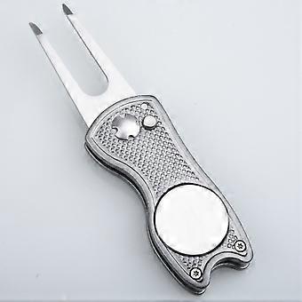 Golf divot reparatietool van roestvrij staal, opvouwbare metalen golf divot tool met knop en golfbal