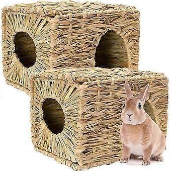 Foldable Grass Woven Animal Hut Bunny House Play Hideaway Bed Mat Chew Toy compatible with Rabbit Guinea Pigs Gerbils Hamster (14.5"x11"x10")
