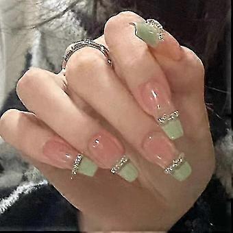 Green French Ice Through Chain Ballet False Nails Wearing Armor Patch Full Paste European And American Wearing Armor  Bonus: Get a free professional-g