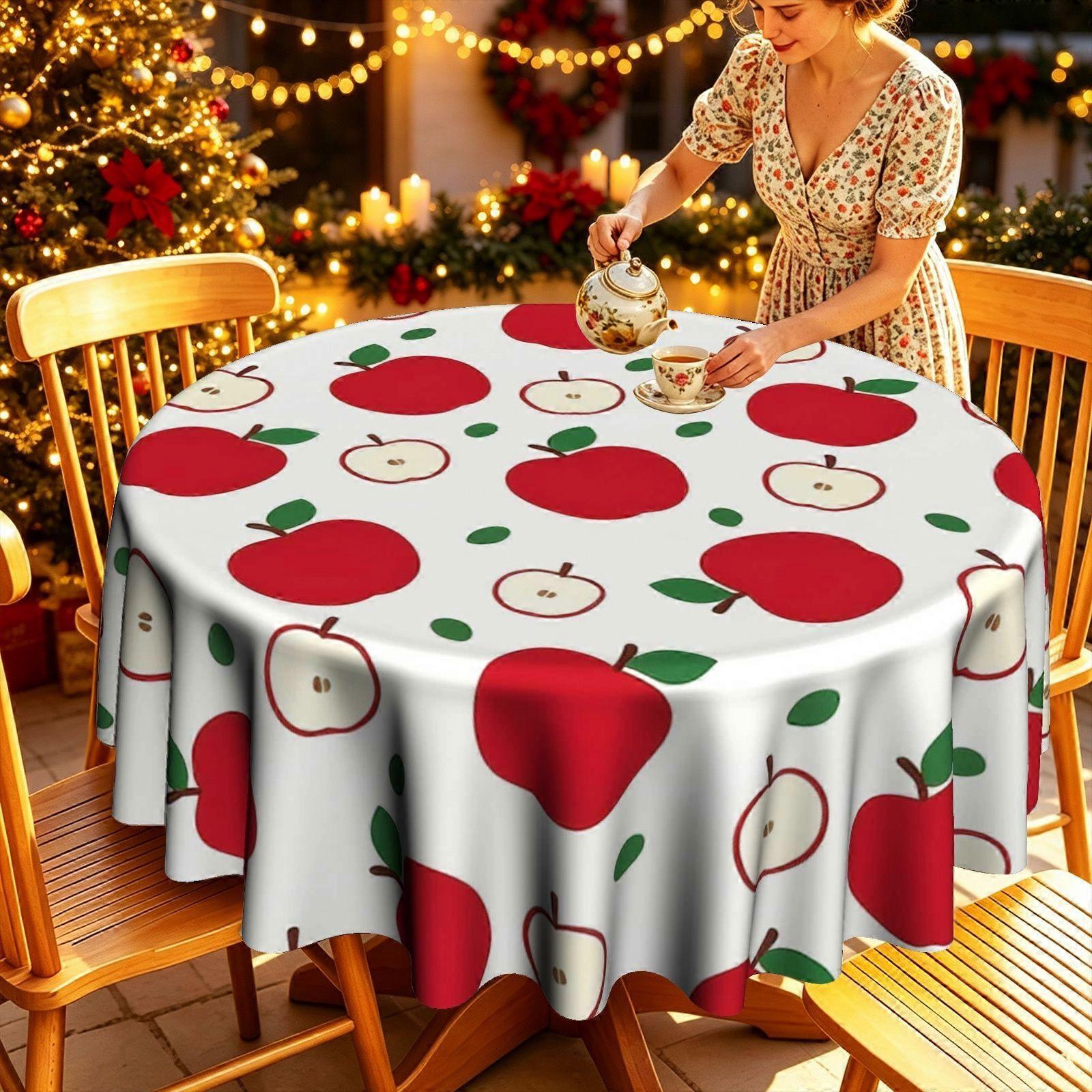 Apple Pattern Tablecloth | Red Apple & Leaf Print | 100% Polyester | Sizes Vary by Variant