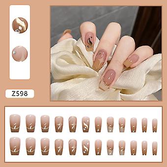 Blanke Khaki gradient falske negle med ødelagte diamanter dekorationsnegle til DIY negleoplevelse derhjemme