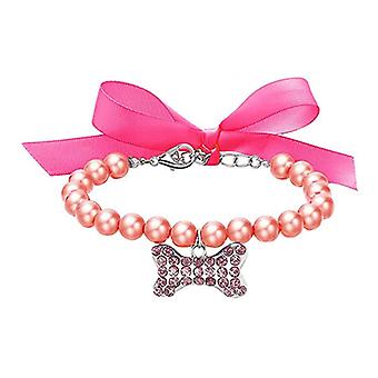 Veeki Dog Cat Pearl Collar Necklace with Rhinestone Bone, Fancy Cat Wedding Collar Jewelry for Cat Puppy Dogs Pets L