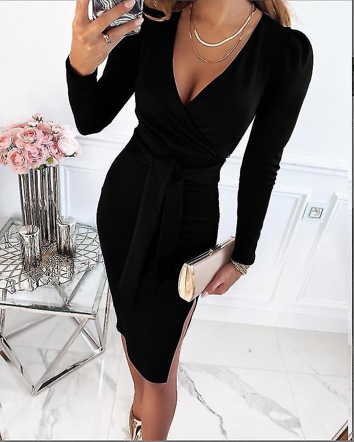 Womens Puff Sleeve Dress V-neck Sexy Strap Elegant Night Dress