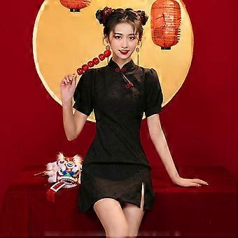 Vintage Old Shanghai Dragon&amp;phoenix Qipao Elegant Women Cheongsam  Collar Sexy Short Chinese Dress Vestidos Black Cheongsam4 | Fruugo NO
