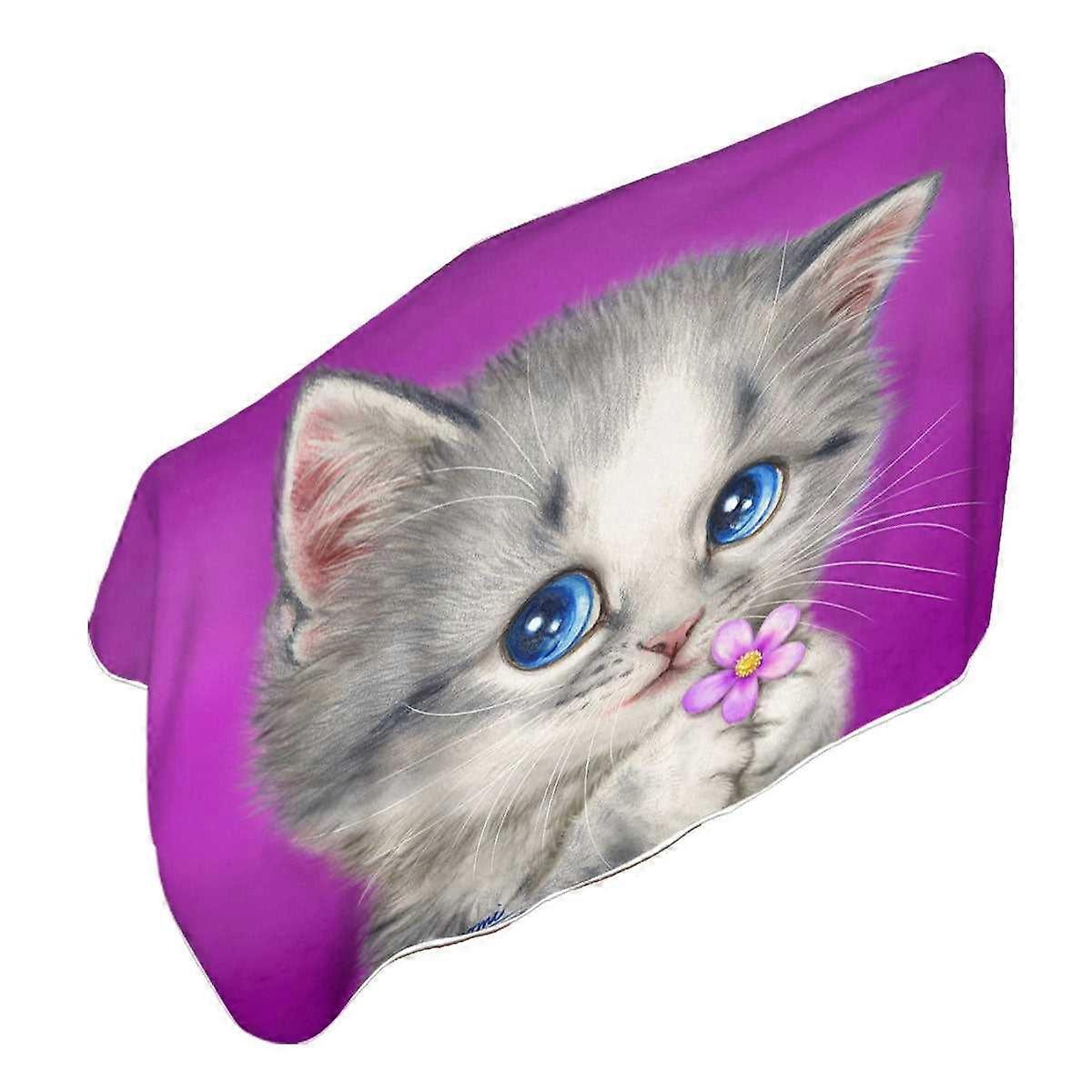 Cats Drawings Adorable Kitten Holding a Flower Microfiber Beach Towel