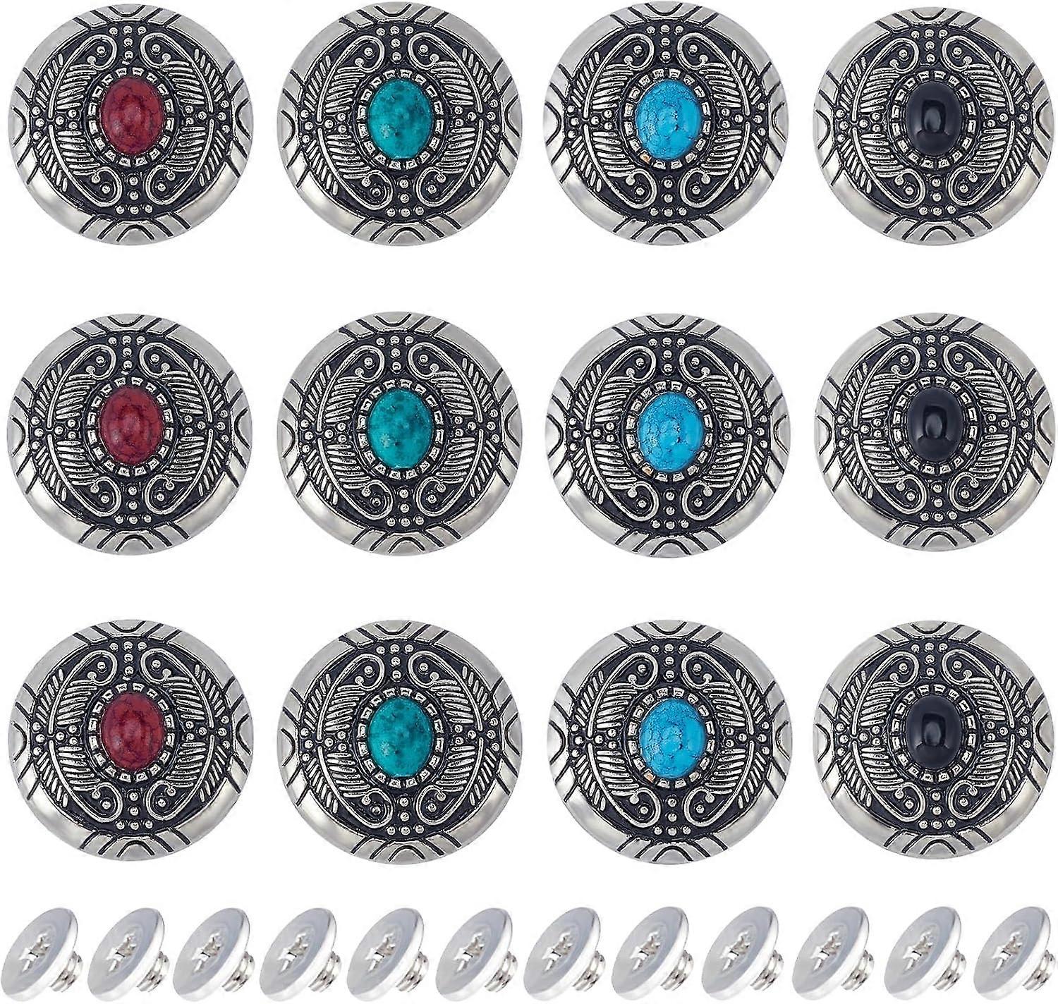 1 Box 12PCS Screw Back Buttons 4 Colors 30mm Turquoise Concho Buttons Cat Eye Engraved Metal Buttons Replacement Vintage Alloy Buckle for DIY Leather