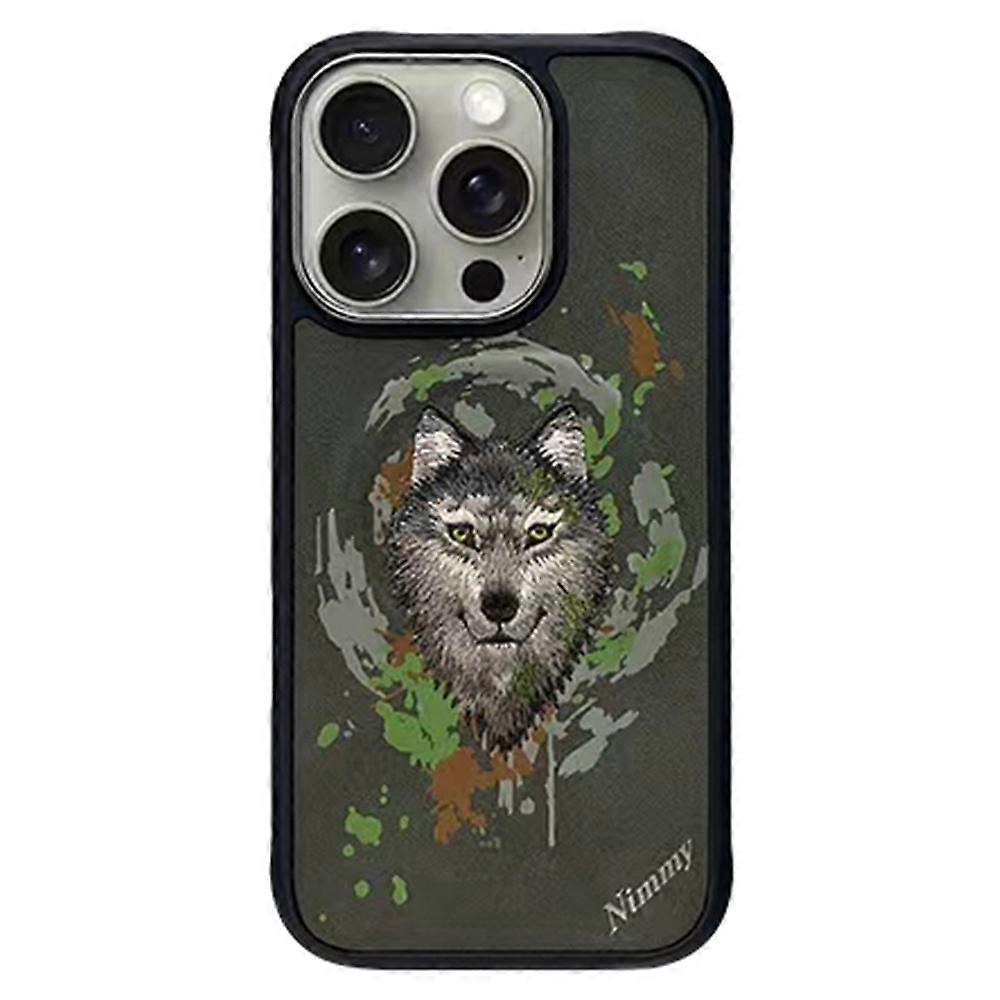 For iPhone 16 Pro Case Embroidery Pattern Anti-Scratch Phone Cover - Night Wolf