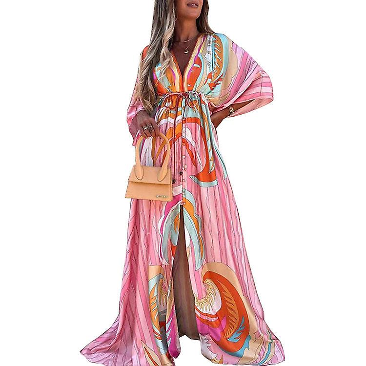 Vacation Style V-neck Slim-fit Printed Elastic Waist Long Dress