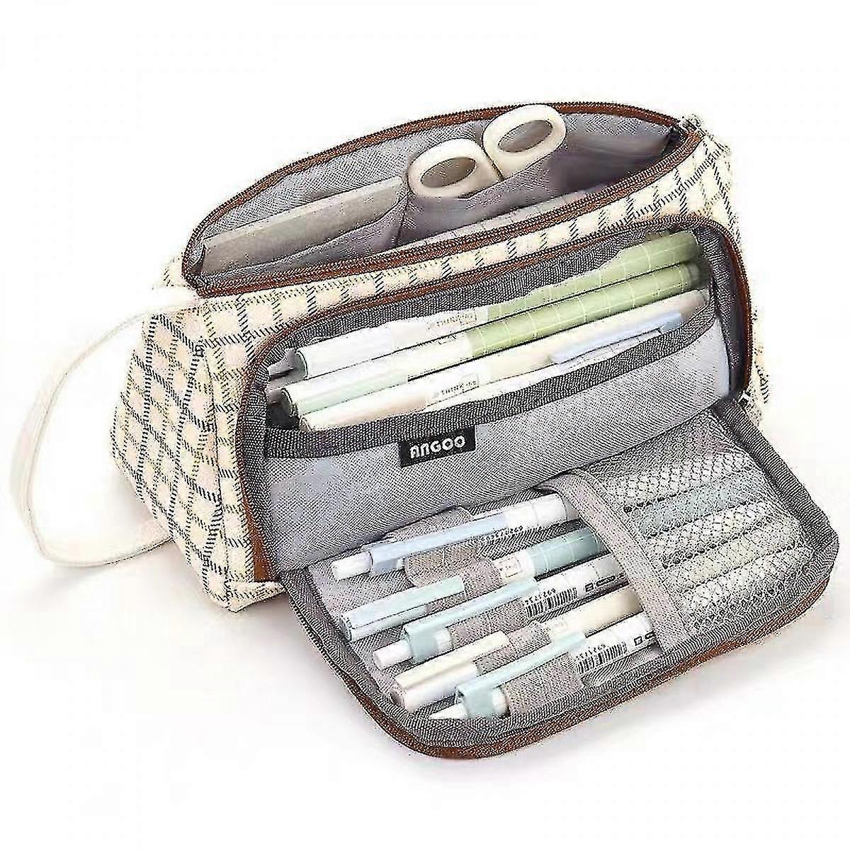 Simple Designer Checks Pattern Canvas Multi-layer Large Capacity Stationery Pencil Case