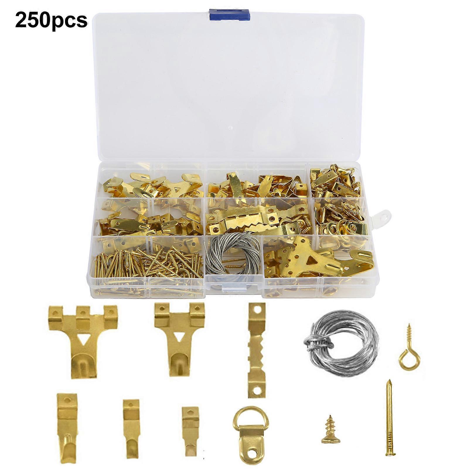 250Pcs/Set Picture Hanging Kit Assorted Clock Hangers Includes Nails Wires Screw Eyes D Rings Sawtooth Hooks with Box compatible Wall Mounting kaesi