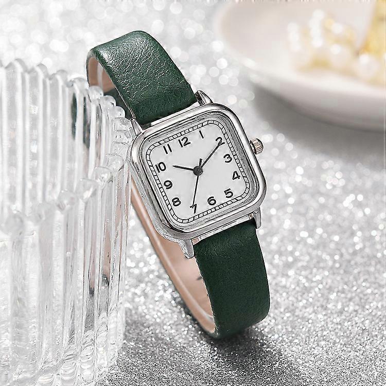 Women's Watch with Leather Strap and Square Case - Dark Green