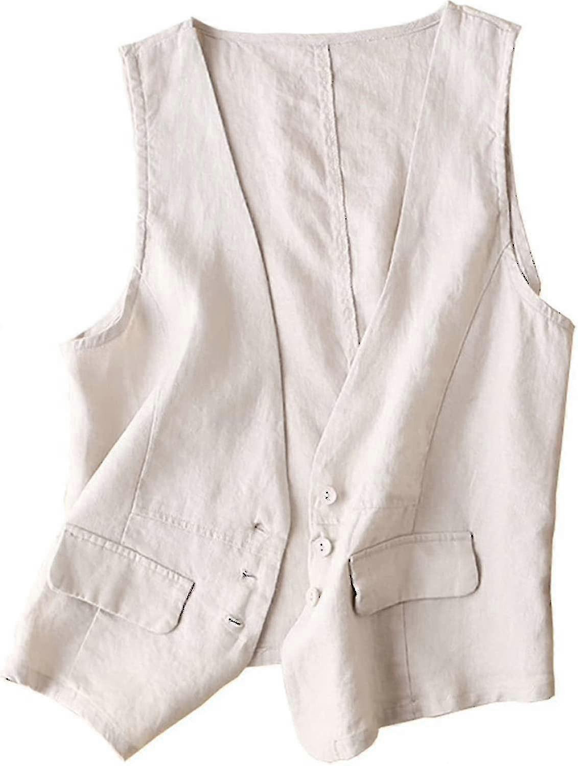 Womens Cotton Linen Vest Casual Loose V Neck Sleeveless Vests Jacket-xdd