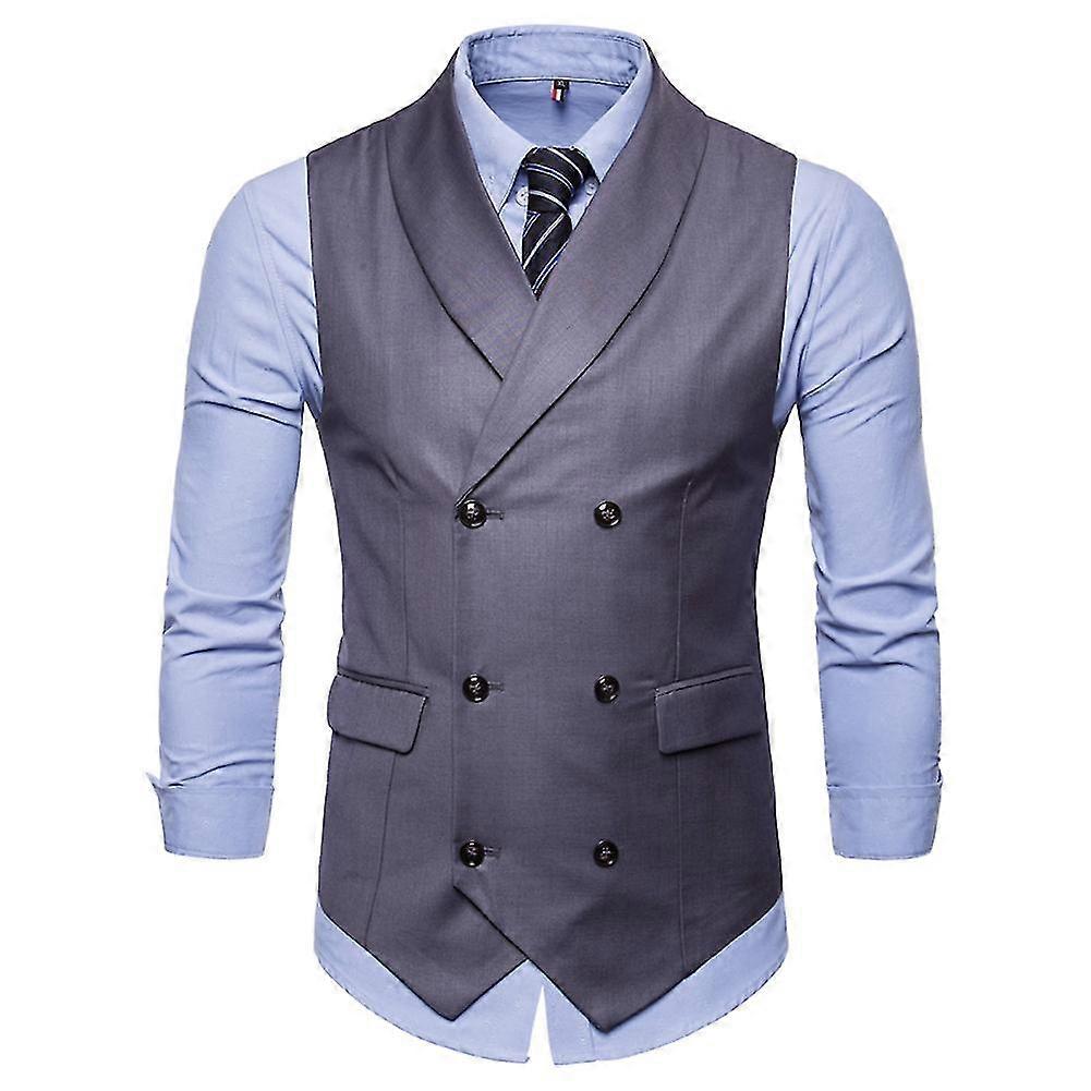 Mens Business Formal Solid Color Lapel Double-breasted Slim Vest