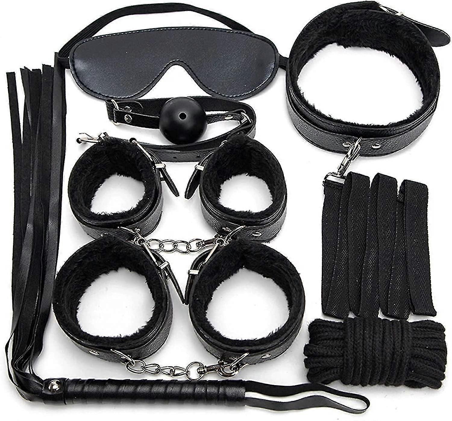 7pcs/set Leather Bodaged Kit Adlt Explay Hndcffs/whps/ball Gg/rope/collr Bdm