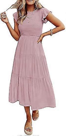 Femme Été Décontracté Flutter Manches Courtes Smocked Midi Robe Élastique Taille Tiered A-line Robe