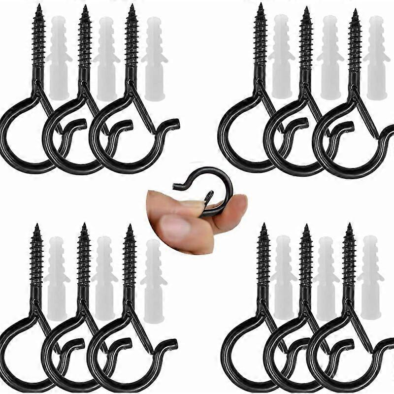 Ceiling Screw Hooks - Heavy Duty Safety Buckle with Screws for Hanging Plant Baskets, Feeders, Wind Lanterns, String Lights (Black),12 Pack