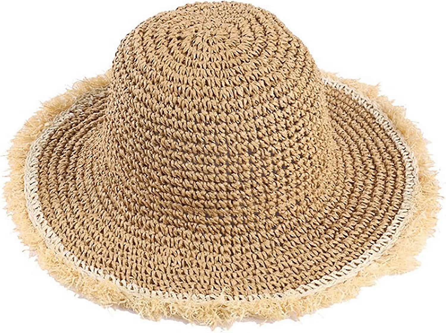 Womens Summer Frayed Straw Bucket-Sun-Hats Floppy Wide Brim Beach Straw Bucket Hat (Large/60cm)