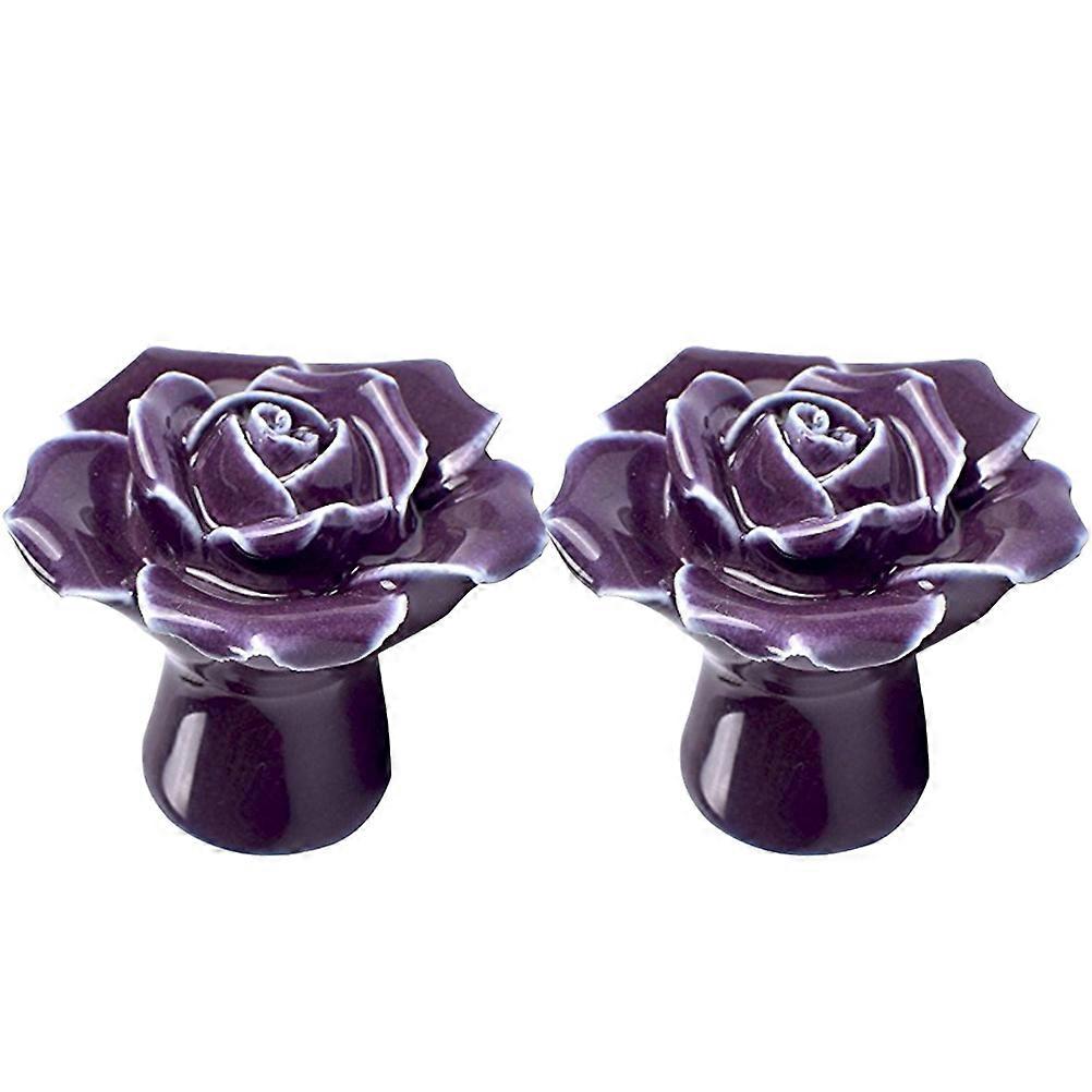 2pcs Rose Shaped Ceramic Kitchen Cupboard Cabinet Drawer Door Knobs Pull Handles (Purple)