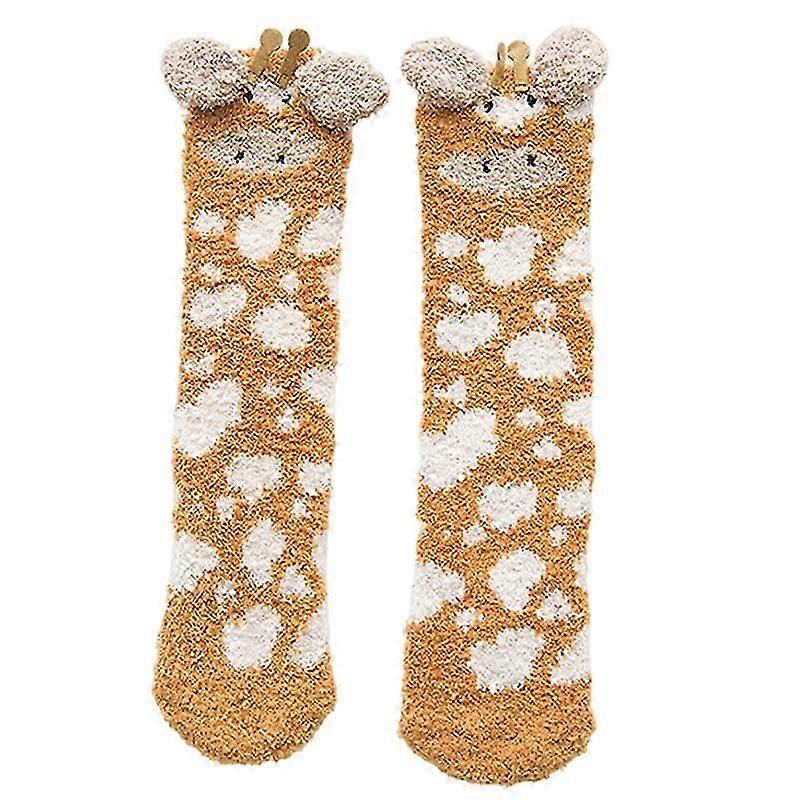 1 Pair Adults Socks Cartoon Cat Rabbit Alpaca Giraffe Chick Fuzzy Fluffy Thickened Stretchy Keep Warm Coral Fleece Autumn Winter Floor Sleeping Socks