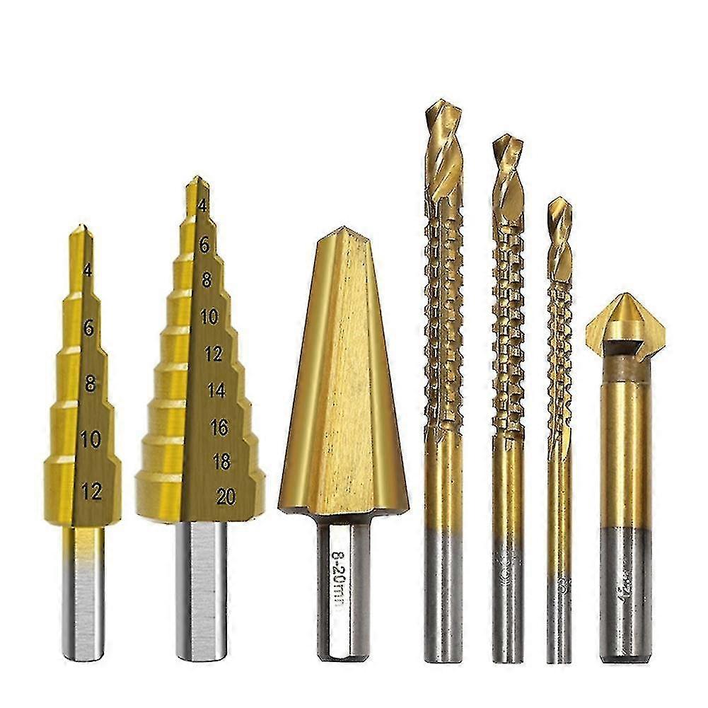 7pcs Reaming Drill Bit Set Triangular Handle Titanium-plated Step Drill Umbrella Drill Round Handle