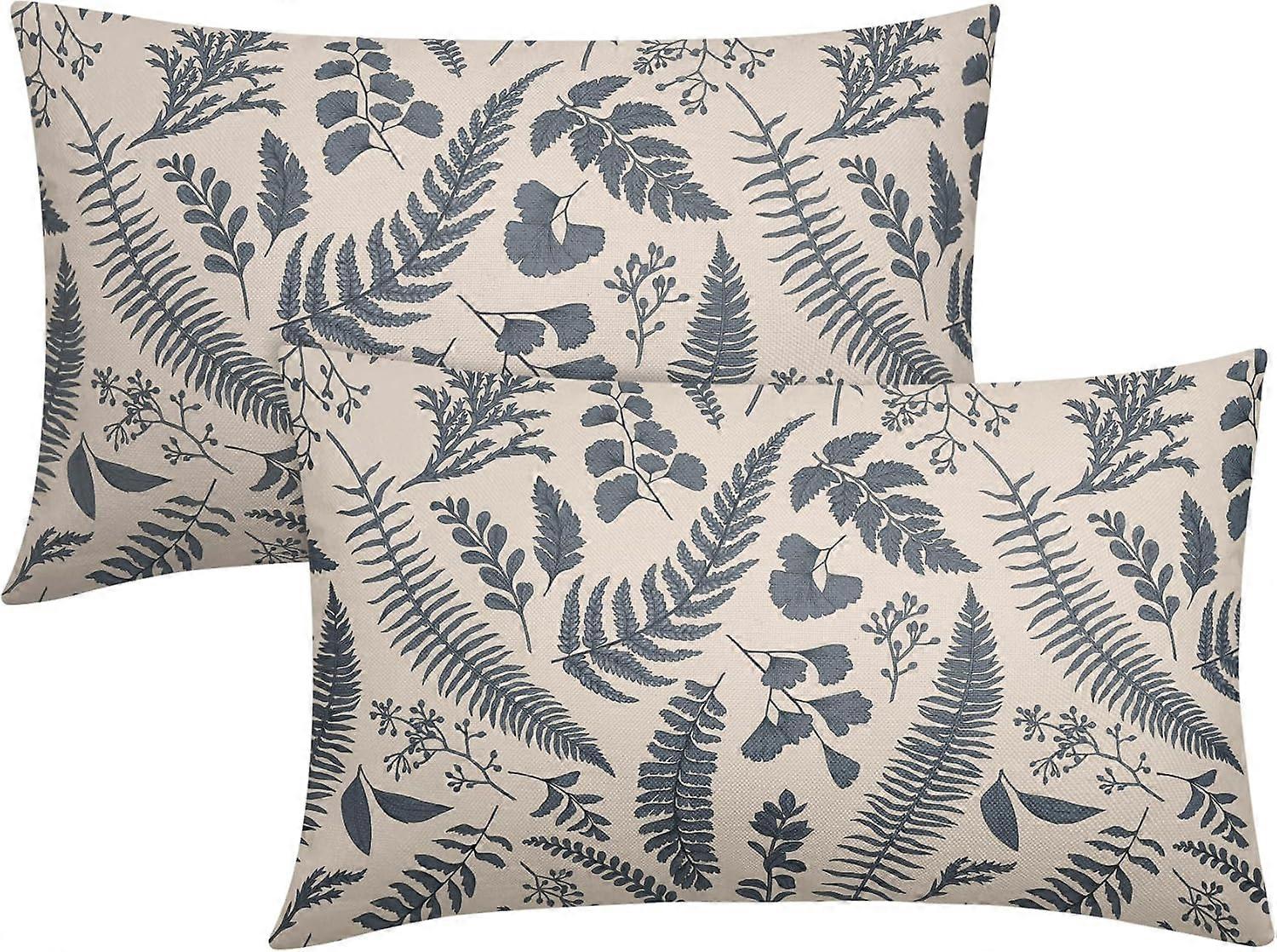 Gri Mavi Yapraklı Bitki Bel Yastığı Kılıfları 12X20 İnç 2'li Set Gri Tropikal Eğrelti Otu Botanik Yapraklar Çiçekli Dekoratif Yastık Kılıfları Vintage Yastık