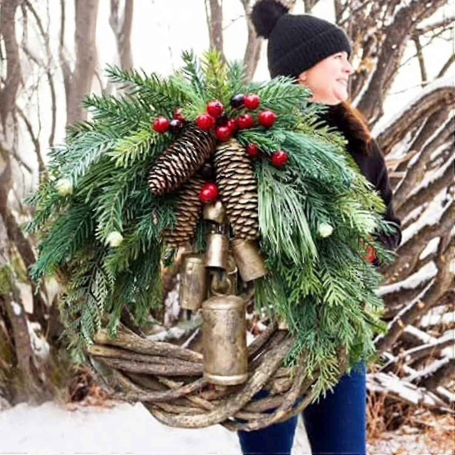 Bauernhaus Weihnachtskranz Boho Kranz, 45cm Kunstkiefer & Goldener Glockenkranz