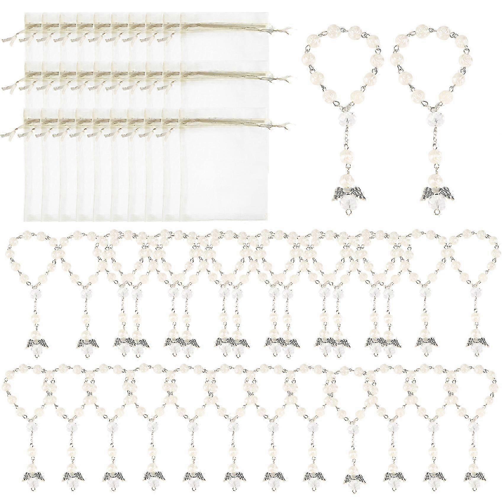 30 Pcs Baptism Acrylic Rosary Beads Mini Rosaries Angel with Organza Bags for The First Communion Baptism Party Favors