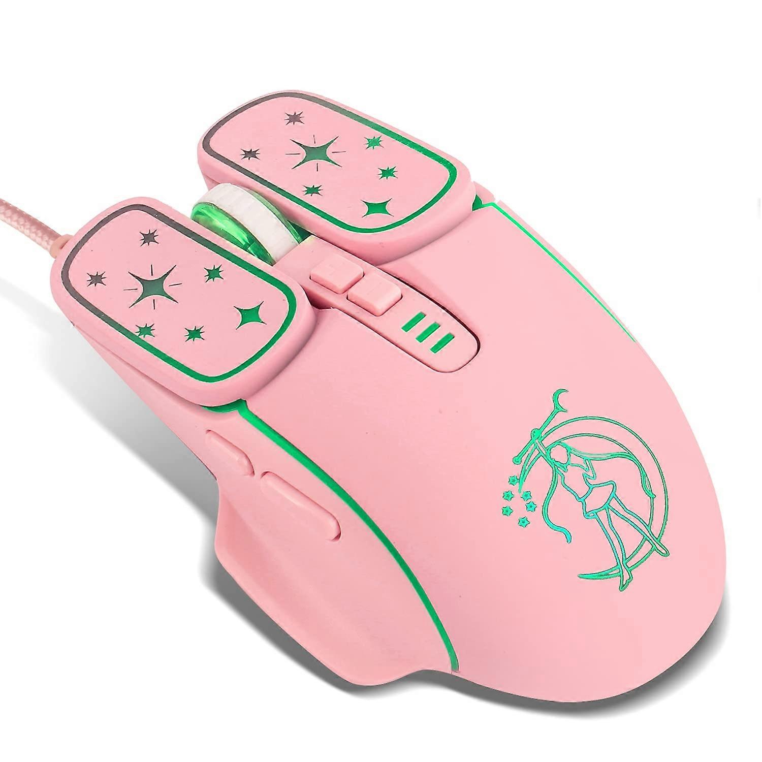 Gaming Mouse Pink 4-Color Backlit Optical USB Wired 7200 DPI 6-Button Ergonomic For Windows Mac Linux Android iOS