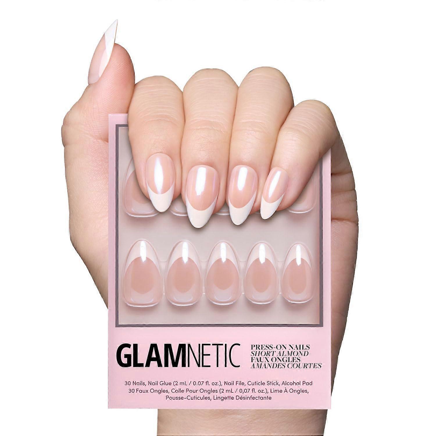 Press On Nails Mrs. Short Almond French Tip Fake Nails with Glazed Glossy Finish, Reusable 30 Nail Kit, 15 Sizes with Glue