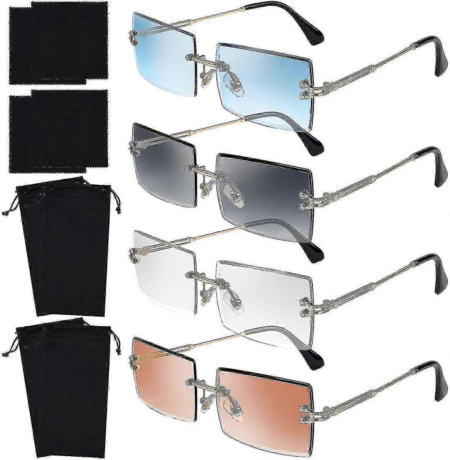 Vintage Rimless Rectangle Sunglasses 4 Pack Retro Metal Frame Eyewear