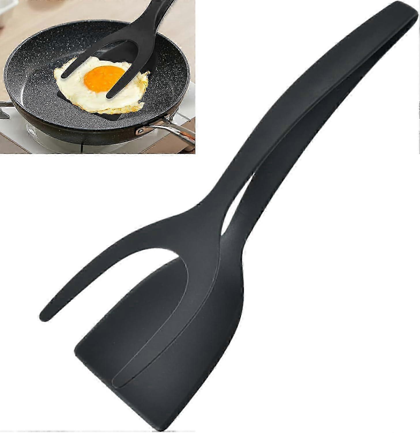 2 in 1 Grip and Flip Spatula Tongs for Eggs, Large Black Double Spatula