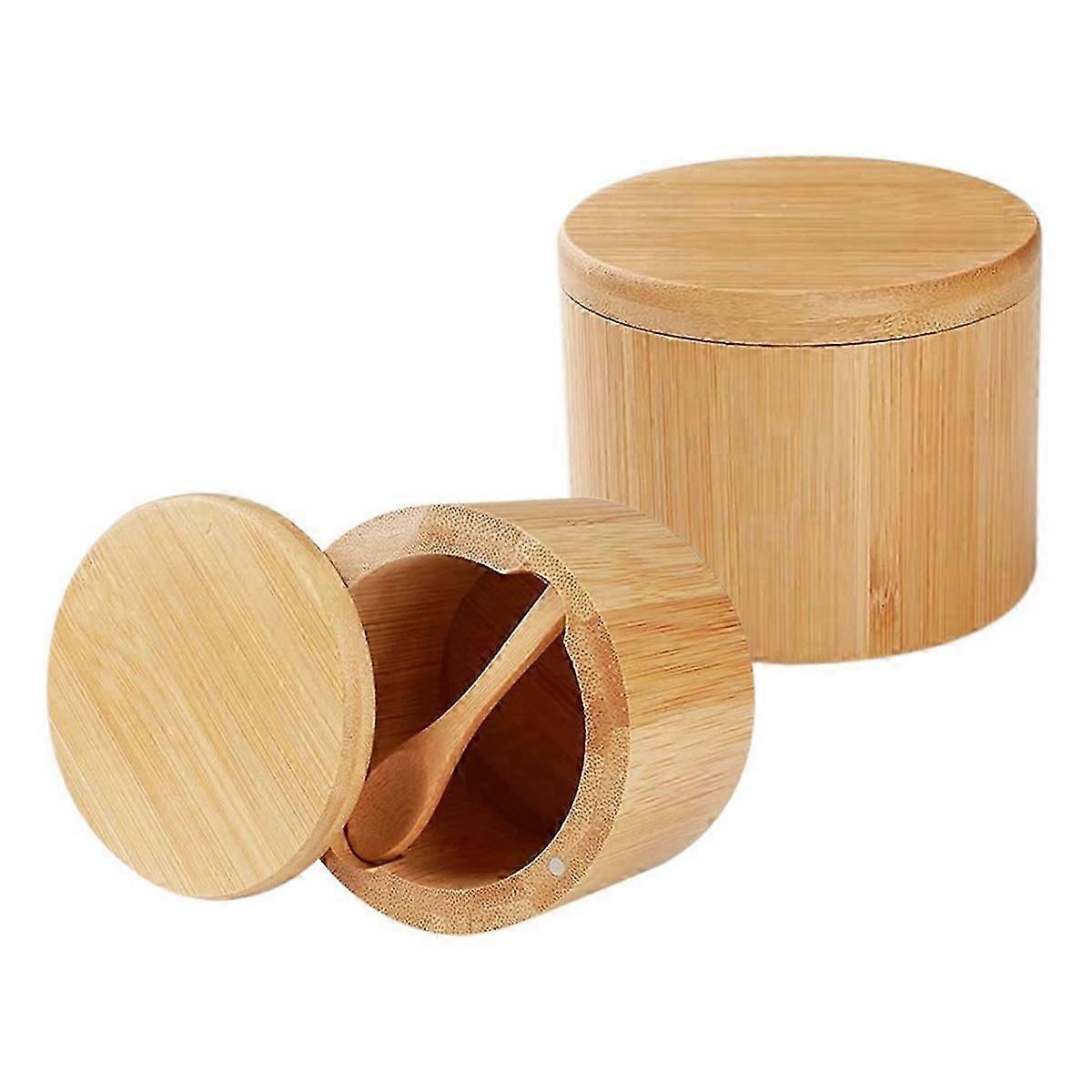 Bamboo Salt Shaker with Spoon 2-Pack, Kitchen Salt Container & Storage Jar