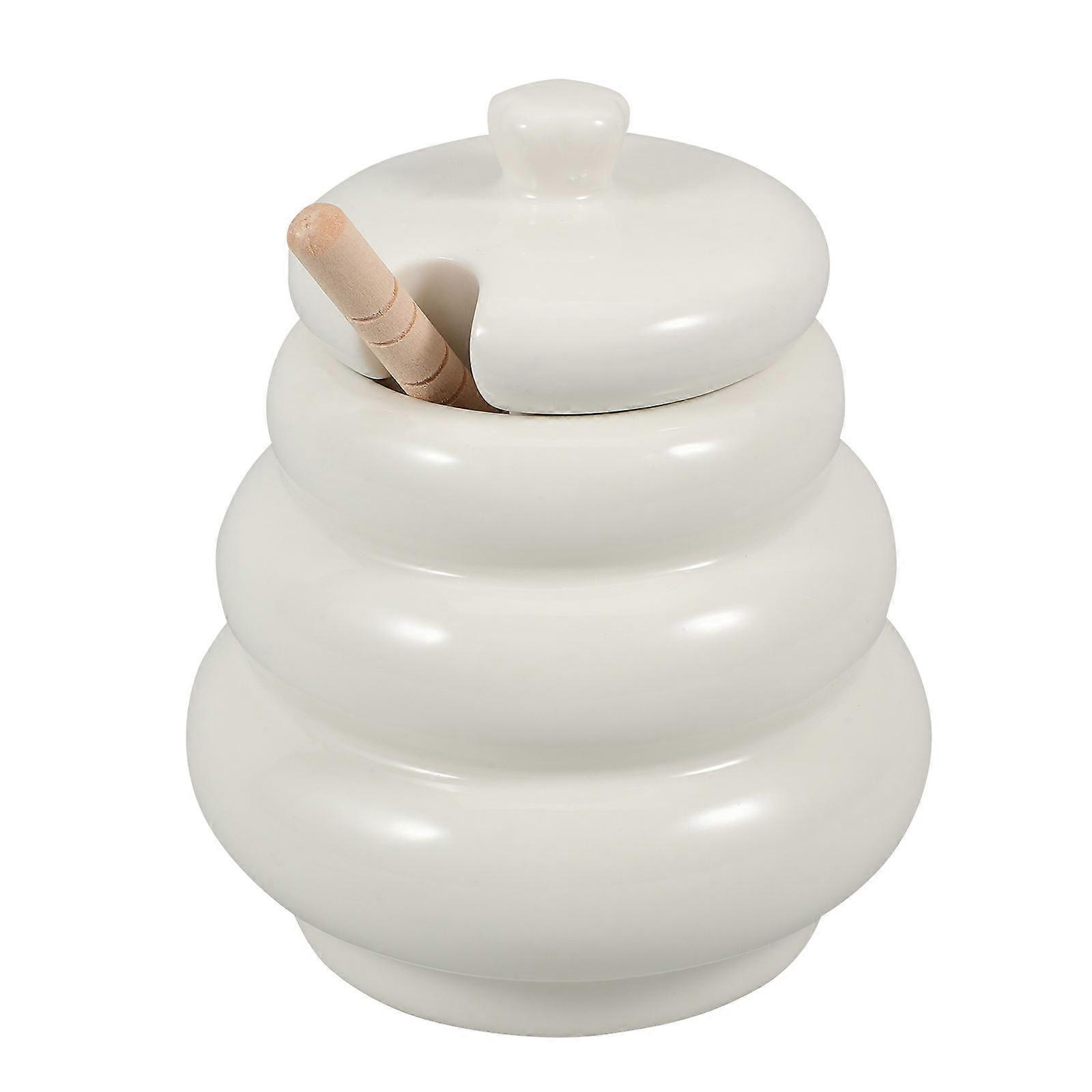 Honey Pot Container With Dipper Ceramic Honey Dispenser Jar White Color For Home Kitchen Use 1Set